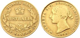Australia Half Sovereign 1866
KM# 3; Gold (.917), 3.81g. F-VF. Rare.