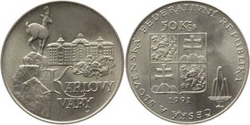 Czechoslovakia 50 Korun 1991
KM# 157; Silver; Chamois on rock, Karlovy Vary Spa buildings