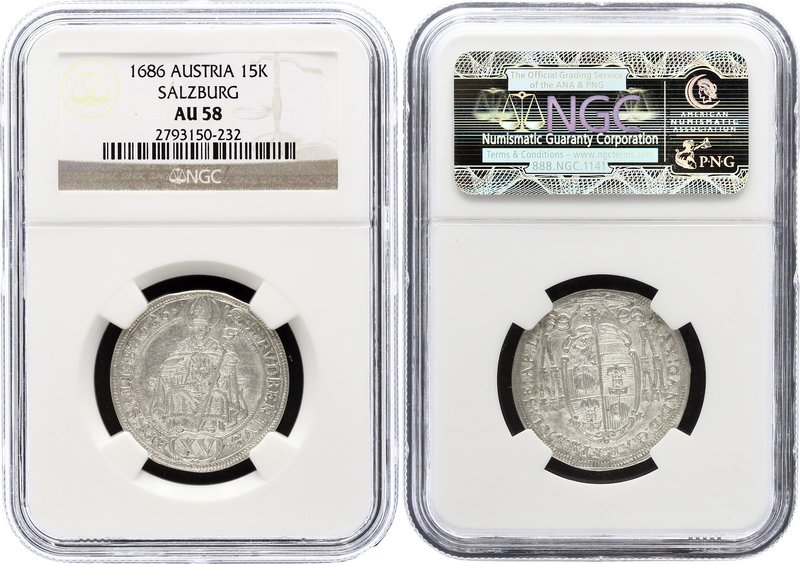 Austria Salzburg 15 Kreuzer 1686 NGC AU 58
KM# 230; Silver; Maximilian Gandolf ...