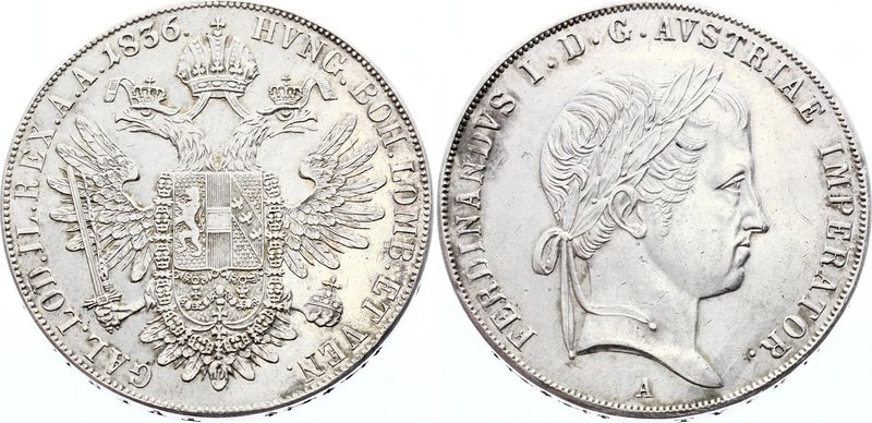 Austria 1 Thaler 1836 A - Wien (R1)
KM# 2238; Valovic# F11 (R1); Silver; Ferdin...