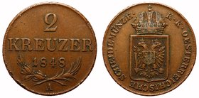 Austria 2 Kreuzer 1848 A
KM# 2188; Copper; Cabinet Patina; XF/XF+