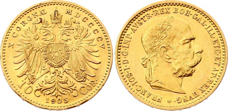 Austria 10 Corona 1905
KM# 2805; Franz Joseph I; Gold (.900) 3.39 g. UNC. Rare ...