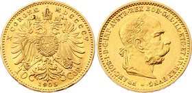 Austria 10 Corona 1905
KM# 2805; Franz Joseph I; Gold (.900) 3.39 g. UNC. Rare grade for this type! Prooflike.