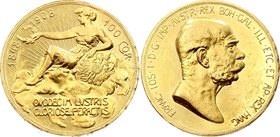 Austria 100 Corona 1908
KM# 2812; Proof; Gold (.900) 33.88g 37mm; Mintage 16.026; 60th Anniversary of the Reign of Franz Joseph I