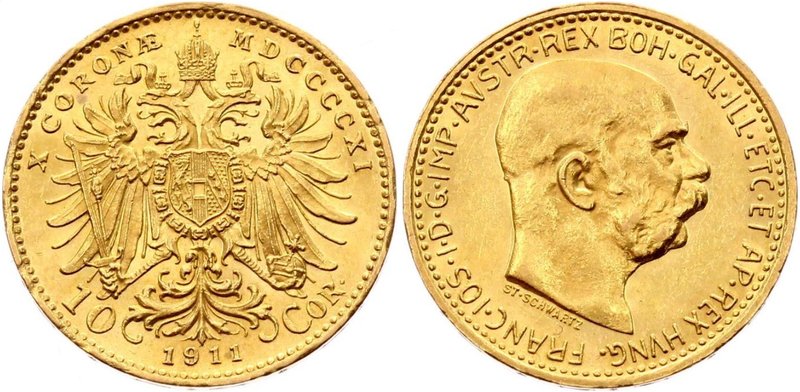 Austria 10 Corona 1911 St Schwartz
KM# 2816; Franz Joseph I; Gold (.900) 3.39 g...