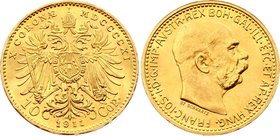 Austria 10 Corona 1911 St Schwartz
KM# 2816; Franz Joseph I; Gold (.900) 3.39 g. UNC. Rare grade for this type!