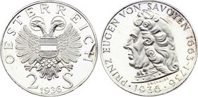 Austria 2 Schilling 1936 Proof
KM# 2858; Silver Proof; 200th Anniversary of the Death of Prince Eugen of Savoyen