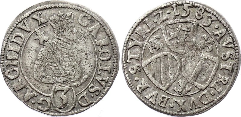 Holy Roman Empire Graz 3 Kreuzer 1583
Silver; Karl II Franz Herzherzog von Inne...