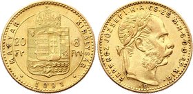 Hungary 20 Francs / 8 Forint 1891 KB - Kremnitz
KM# 477; Gold (.900) 6.45g; Franz Joseph I