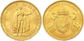 Hungary 20 Korona 1893 KB - Kremnitz
KM# 486; Franz Joseph I, Kremnitz. Gold (.900) 6,78g. AUNC.