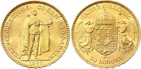 Hungary 20 Korona 1895 KB - Kremnitz
KM# 486; Franz Joseph I, Kremnitz. Gold (.900) 6,78g. UNC. Rare grade for this type!