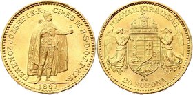 Hungary 20 Korona 1897 KB - Kremnitz
KM# 486; Franz Joseph I, Kremnitz. Gold (.900) 6,78g. AUNC.