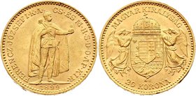 Hungary 20 Korona 1899 KB - Kremnitz
KM# 486; Franz Joseph I, Kremnitz. Gold (.900) 6,78g. UNC. Rare grade for this type!