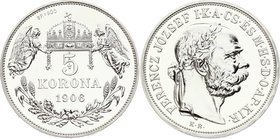 Hungary 5 Korona 1906 (2014) KB Official Restrike RRR!!!
Mintage 100 Pcs Only!!!; Silver (.900) 24g 36mm; Proof; Marked Imitation of 5 Korona 1906 Si...