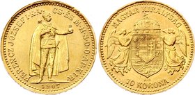 Hungary 10 Korona 1907 KB - Kremnitz
KM# 485; Gold (.900) 3.39g19mm; Franz Joseph I