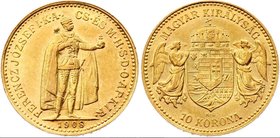 Hungary 10 Korona 1908 KB - Kremnitz
KM# 485; Franz Joseph I, Kremnitz. Gold (.900) 3,39g. UNC. Rare grade for this type!