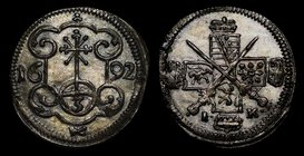 German States Saxony 3 Pfennige 1692 IK
KM# 637; Silver 1.00g 17mm; Nice Patina; Luster; Rare in this Condition; UNC
