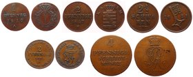 German States Lot of 5 Coins 1810 -1872
Copper; Prussia KM# 390; Hannover KM# 143; Mecklenburg-Schwerin KM# 316; Bremen KM# 234; Saxony KM# 1157; VF/...