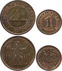 Germany - Empire Lot of 2 Coins
1 Pfennig 1900 D & 4 Reichspfennig 1932 J; Mint Luster Remains