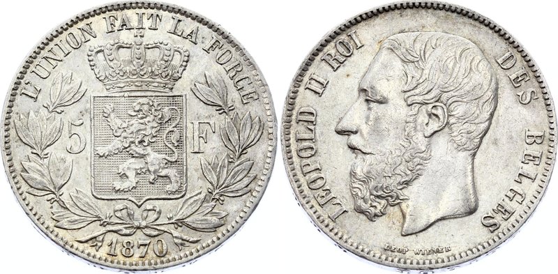 Belgium 5 Francs 1870
KM# 24; Morin# 157; Small Head; Silver (.900) 25g 37mm; L...