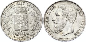 Belgium 5 Francs 1870
KM# 24; Morin# 157; Small Head; Silver (.900) 25g 37mm; Leopold II; AUNC