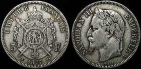 France 5 Francs 1867 A
KM# 799.1; Silver 24.79g; VF