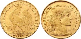 France 10 Francs 1909 Key Date!
KM# 846; Gold (.9000) – 3.23 g; Mint. 598,795. One of the lowest of this type!