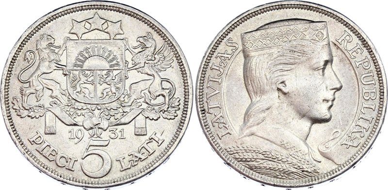 Latvia 5 Lati 1931
KM# 9; Silver; UNC