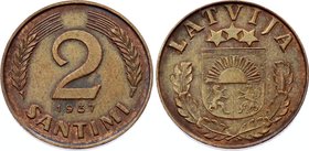 Latvia 2 Santimi 1937 Rare
KM# 11.1 (Diameter 19.0 mm); Mint. 44.600. AUNC