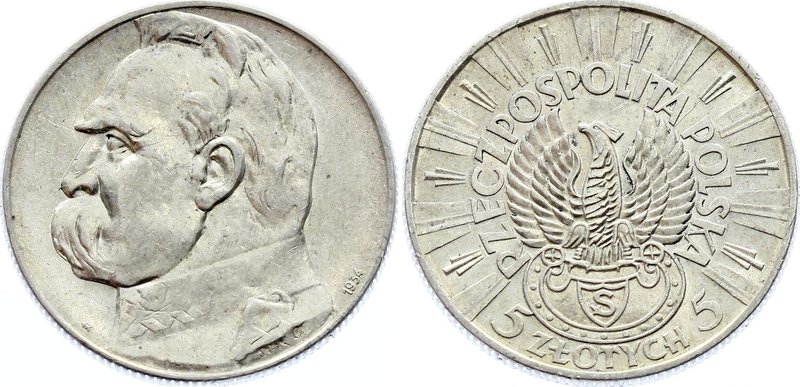 Poland 5 Zlotych 1934 S
Y# 25; Silver; Józef Piłsudski - Shooter eagle; AUNC.