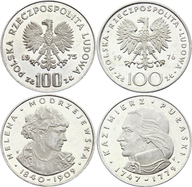 Poland Lot of 2 Silver Coins
100 Zlotych 1975, 1976; Silver Proof; Helena Modrz...