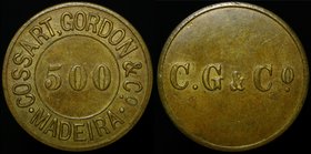 Portugal Madeira 500 Reis 1902 ND Token
Brass 9.23g 31mm; Firm Cossart Gordon and Co; Luster; aUNC