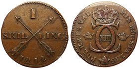 Sweden 1 Skilling 1812
KM#585; Copper 27.46g 34mm; Mintage 480.000; Old Saturated Cabinet Patina; XF/XF+