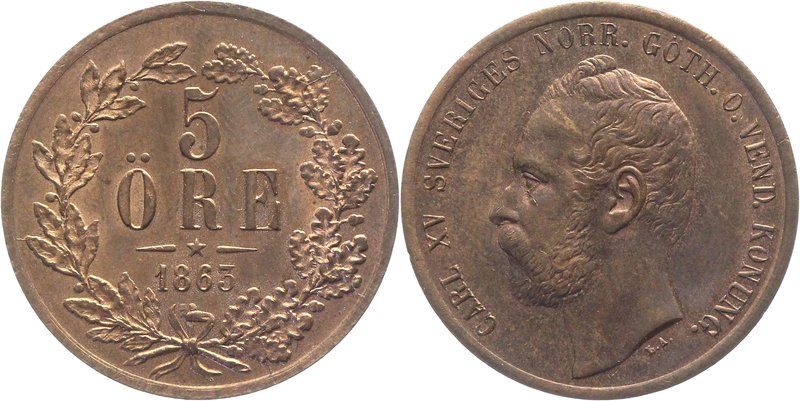 Sweden 5 Ore 1863 UNC
KM# 707; Bronze 8,78g.; Perfect for grading