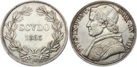 Vatican / Papal States 1 Scudo 1853 R
KM# 1336.2; Pius IX, Silver, XF.