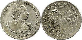 Russia Poltina 1721
Bit# 677; 3 Roubles Petrov; Silver 14,1g.; Moscow mint; Palm branch on the chest; Dot above the head of the emperor; Mint lustre;...