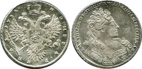 Russia 1 Rouble 1732
Bit# 57; Silver; Plain cross of orb; Dots divide legend on the reverse; Edge patterned; Doble struck; UNC; Rare!