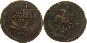 Russia 4 Kopeks 1762
Bit# 21; 0,75-1 Rouble Petrov; Copper 18,0g.; Coin from an old collection; Natural cabinet patina; Overstruck from 2 kopeks of 1...