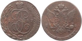 Russia 5 Kopeks 1787 TM RR
Bit# 854 R1; 9 Rouble Petrov; 10 Rouble Ilyin; Copper 49,71g.; Tauric mint; Natural patina and colour; Coin from treasure;...