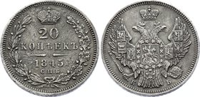 Russia 20 Kopeks 1845 СПБ КБ R
Bit# 330 R; Silver 3.91g; Key Date! Rare in any grade!