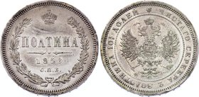 Russia Poltina 1859 СПБ ФБ
Bit# 97; Silver, XF-AUNC with mint luster but some strange production defects.
