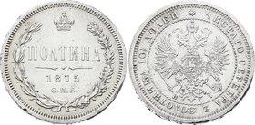 Russia Poltina 1875 СПБ HI
Bit# 119 R; 2,5 Roubles Petrov; Silver 10,16 g.; AUNC; Eagle is bigger; Very rare; Very low mintage; Only 14003 pieces min...