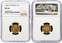 Russia 5 Roubles 1902 АР NGC MS66
Bit# 29; Gold (.900) 4.3g. NGC MS66