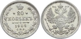 Russia 20 Kopeks 1904 СПБ АГ
Bit# 104; Silver 3.34g; Not common in this grade!