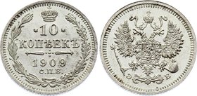 Russia 10 Kopeks 1909 СПБ ЭБ
Bit# 161; Silver 1.78g; UNC
