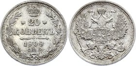 Russia 20 Kopeks 1909 СПБ ЭБ
Bit# 109; Silver 3,48g.