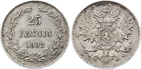 Russia - Finland 25 Pennia 1902 L
Bit# 413; Silver, AUNC, remains of mint luster. Not common date!