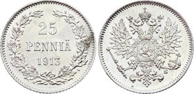 Russia - Finland 25 Pennia 1913 S
Bit# 419; Silver 1.28g; UNC