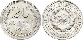 Russia - USSR 20 Kopeks 1930
Y# 88; Silver 3.61g; UNC