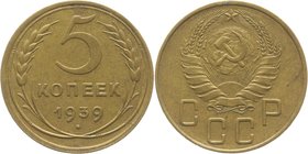 Russia - USSR 5 Kopeks 1939
Y# 108; Aluminium-Bronze 5,0g.; Rare